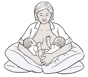 Woman breastfeeding baby twins with double-cradle hold.